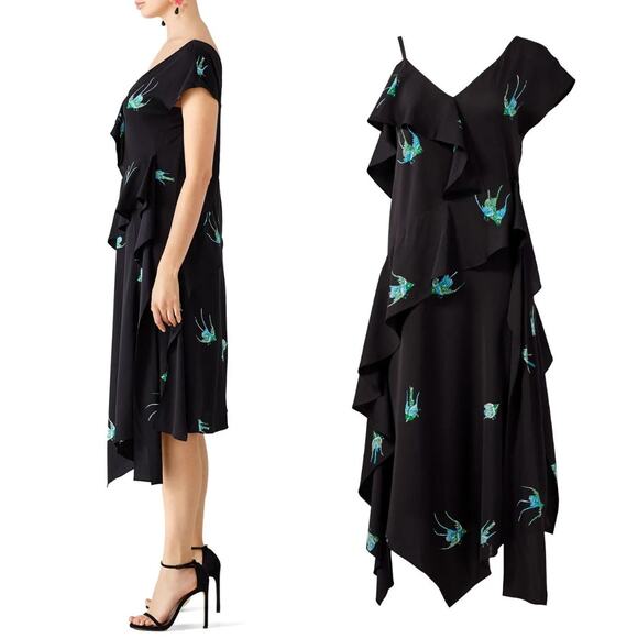 Diane von Furstenberg Black Bird Print Asymmetric Silk Jersey Ruffle Dress - Picture 2 of 12